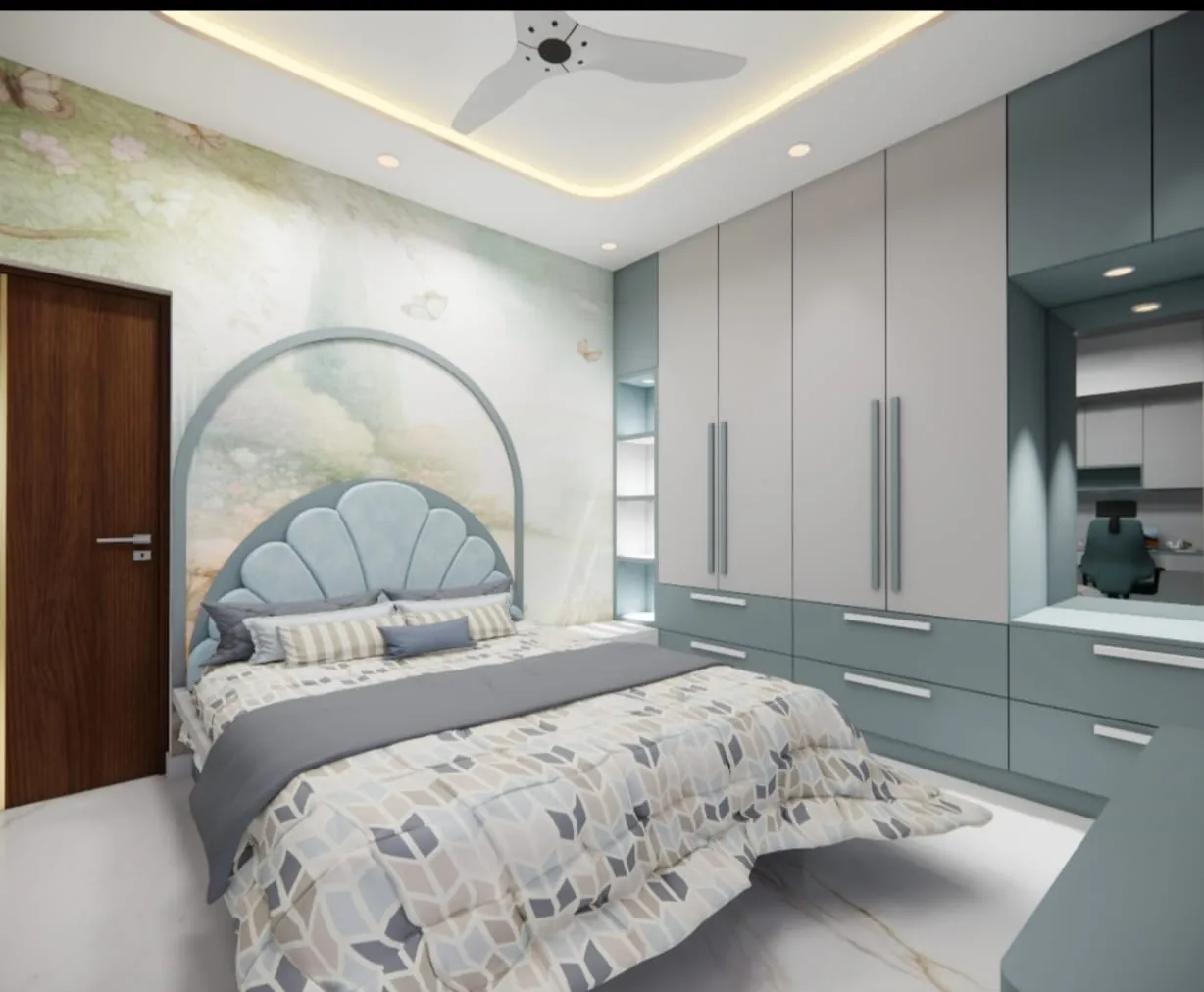 Bedroom with arched headboard panelling and grey wardrobe