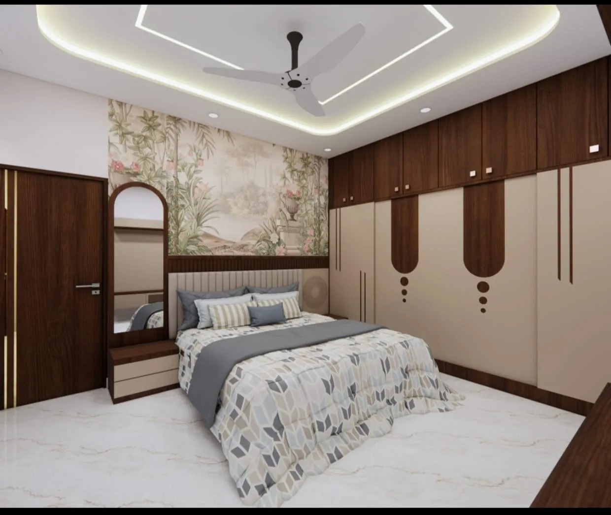 Master bedroom with printed mural wall and cream wardrobe