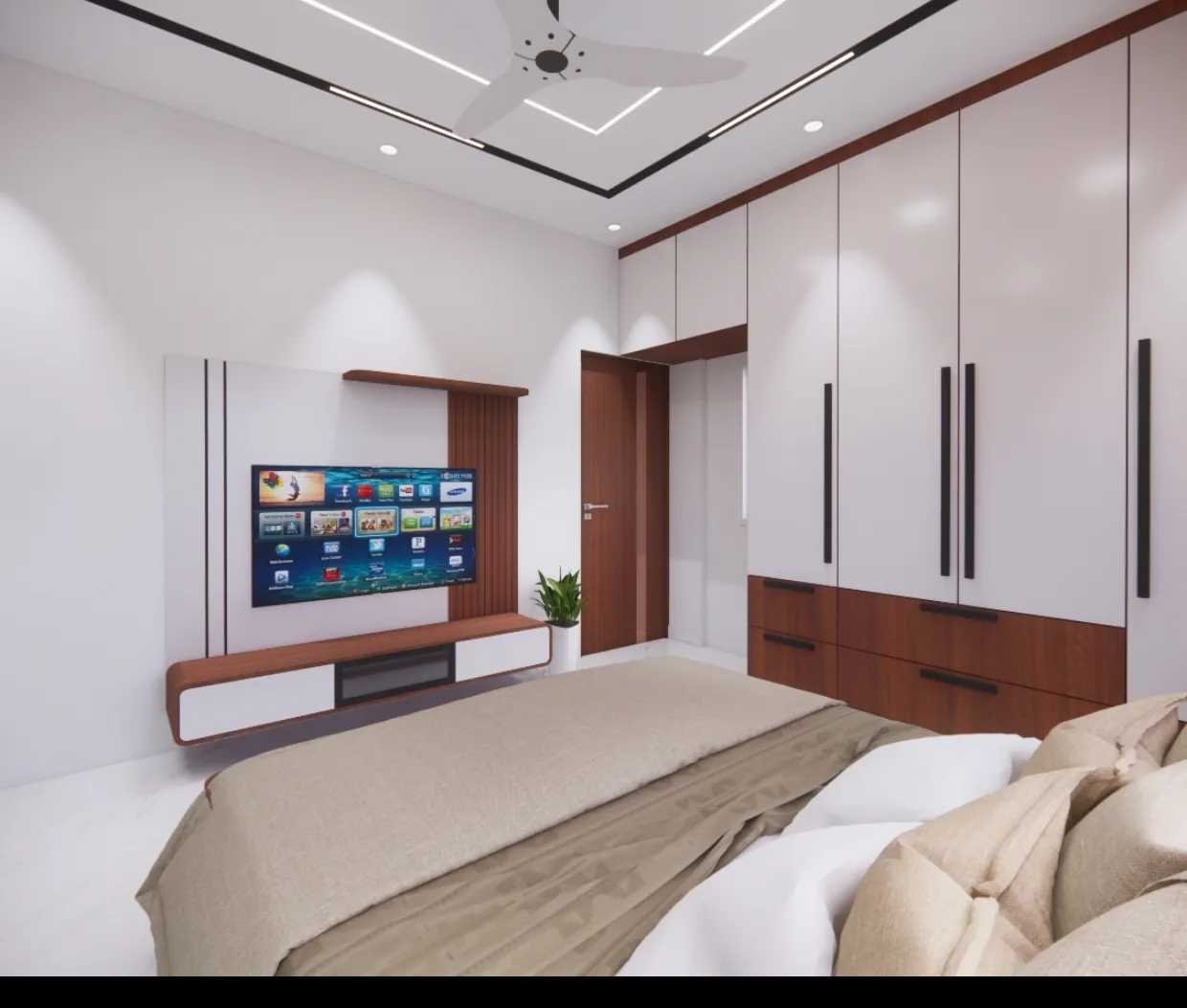 Bedroom with wall mounted TV unit and full-height wardrobe