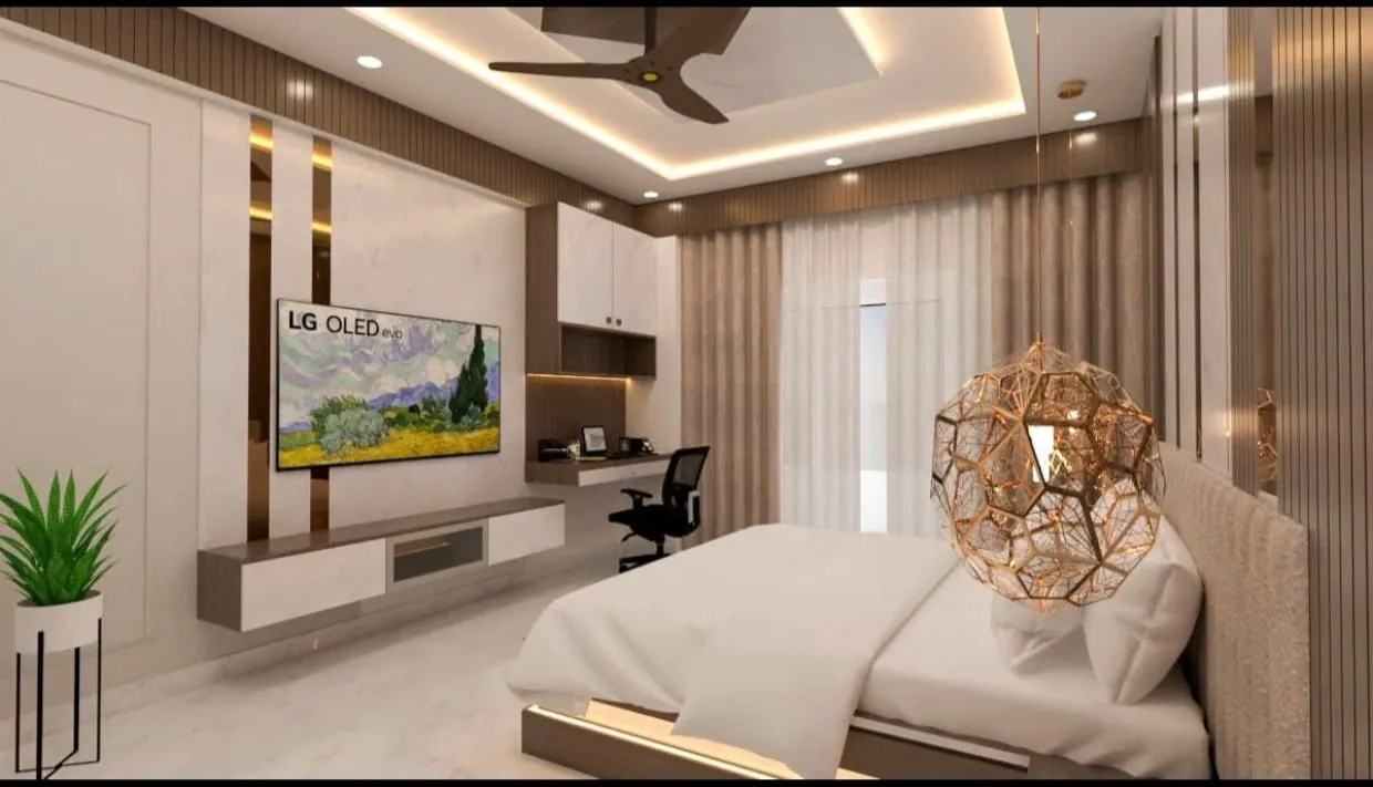 Bedroom with TV wall, study desk and pendant light