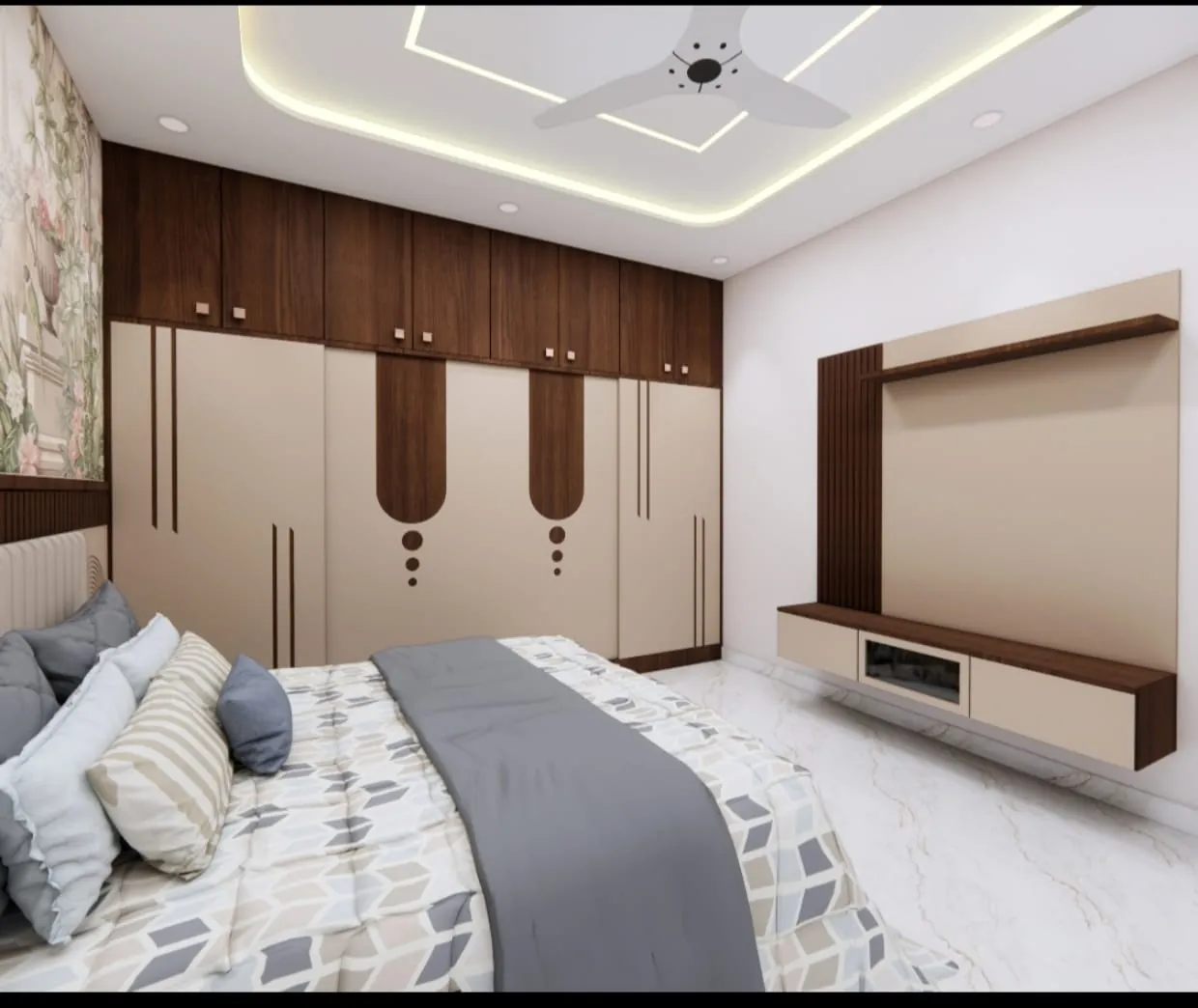 Floor-to-ceiling wooden wardrobe in a Bangalore bedroom