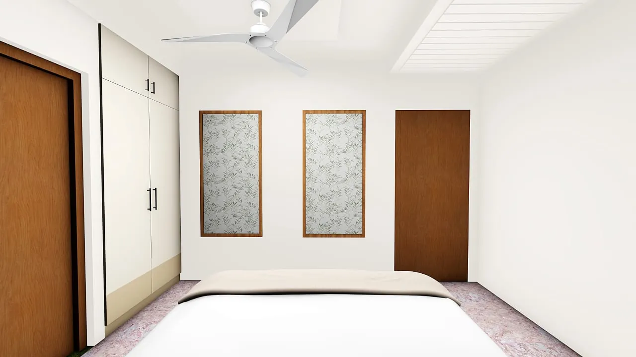 Bedroom with white wardrobe and framed wall panels