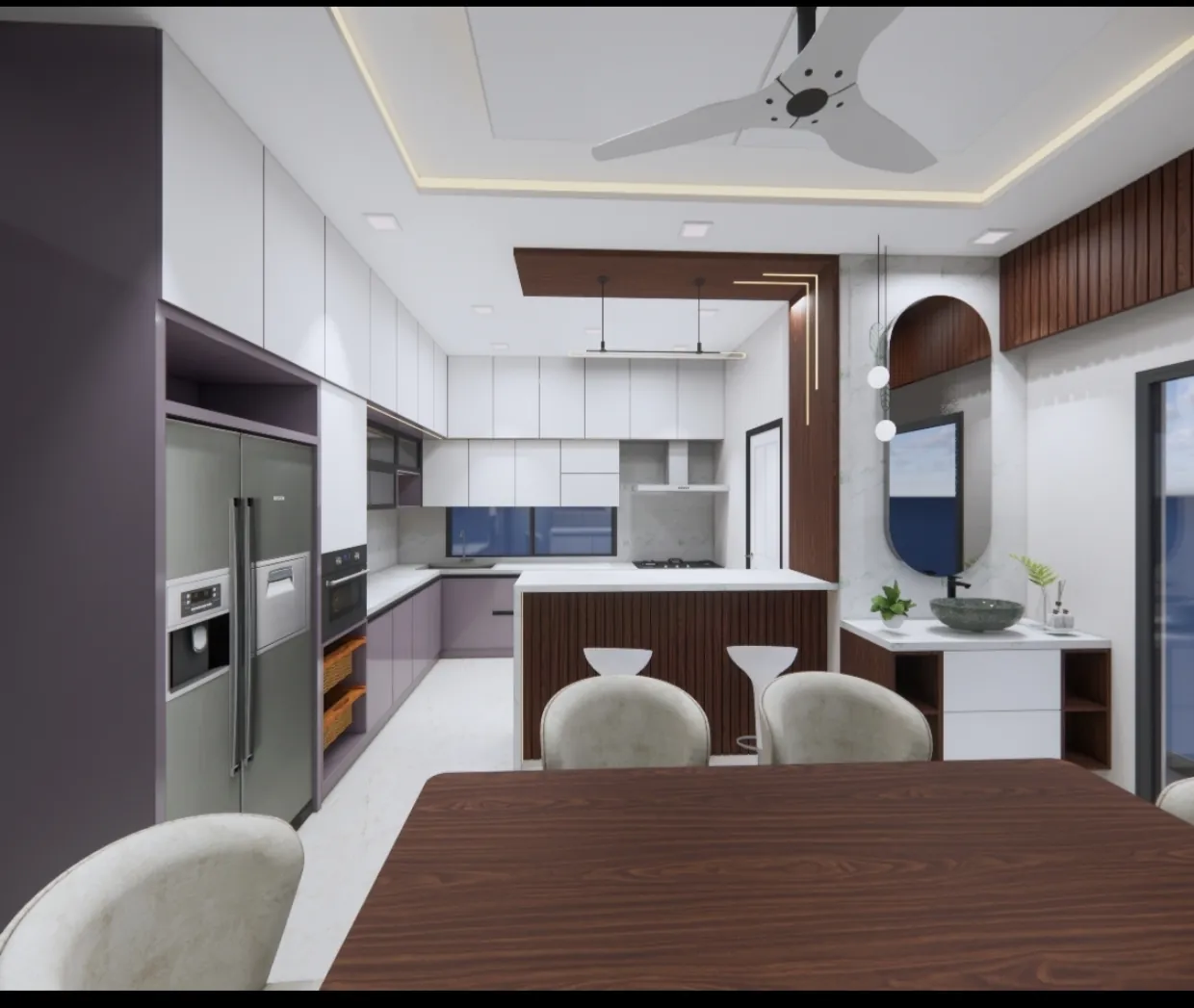 Open kitchen and dining area with island counter and cove lighting