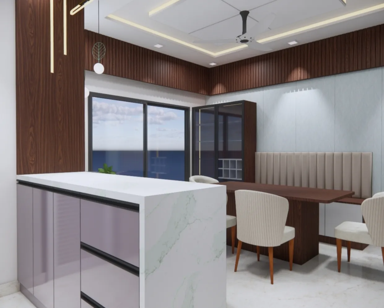 Kitchen island with marble top, dining chairs and wood panelling