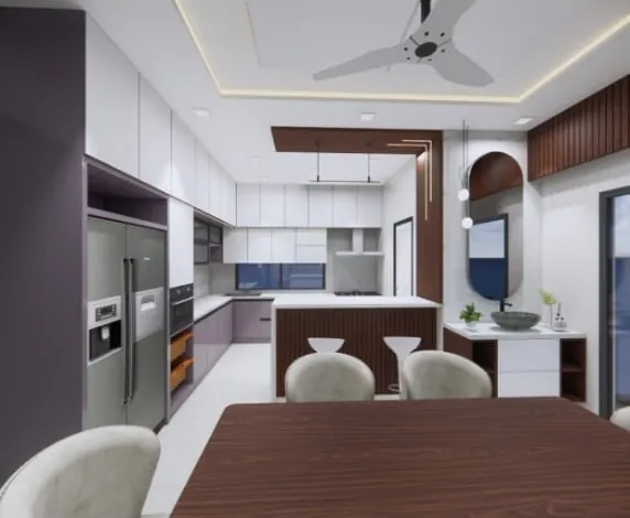 Open modular kitchen with island, wooden dining table and false ceiling