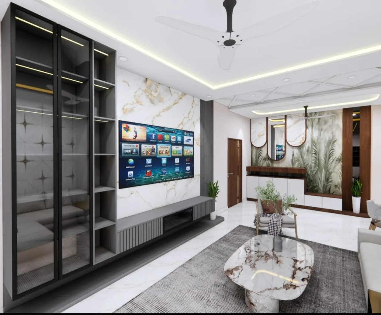 Living room TV wall with glass shelves and grey panelling