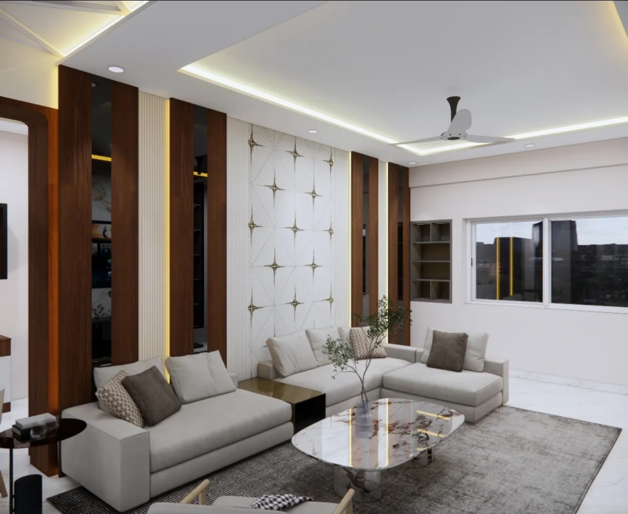 Living room with sofa set, TV panel and false ceiling
