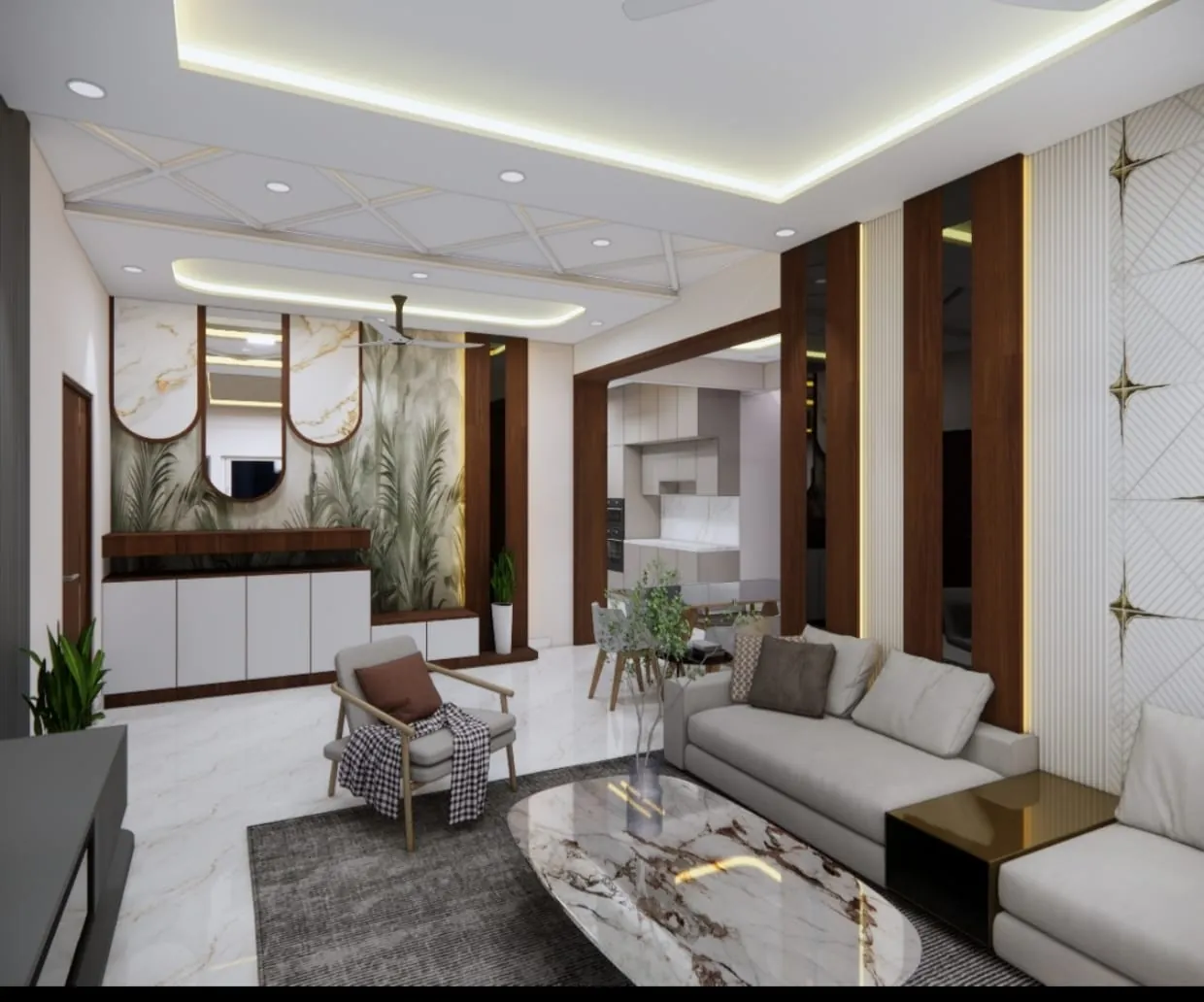 Living room false ceiling with cove lighting and spotlights