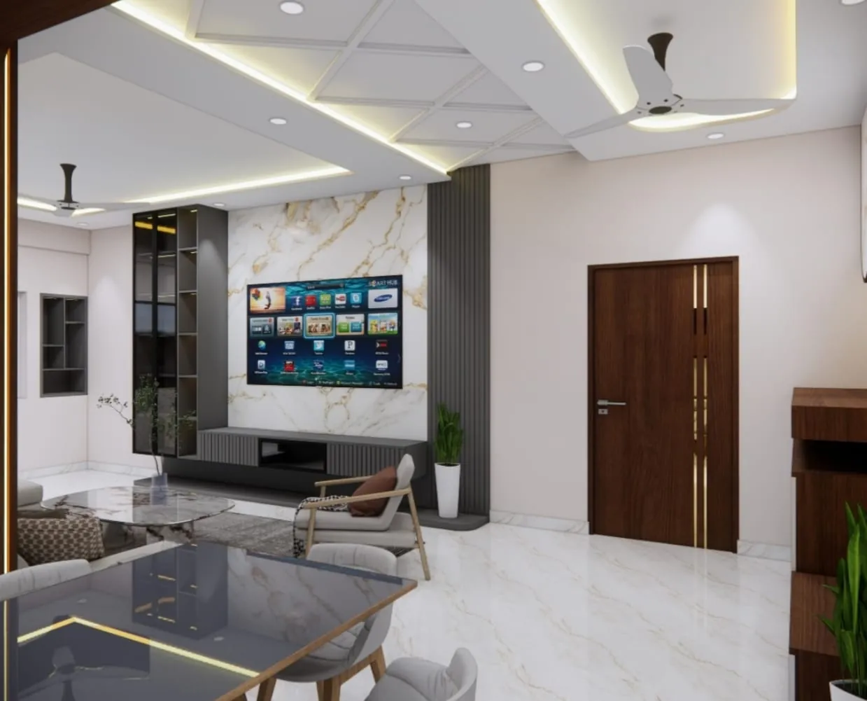 Living room TV unit with marble panelling and profile lighting