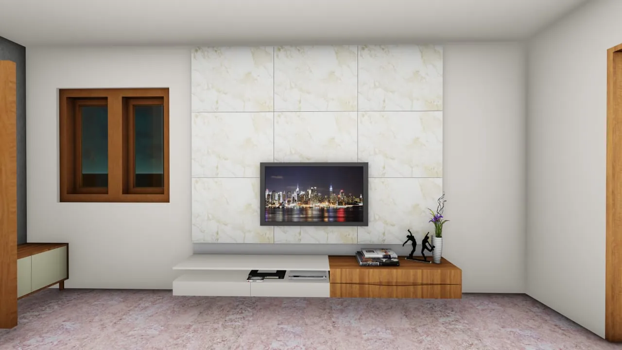 TV unit with marble tile wall and wooden console