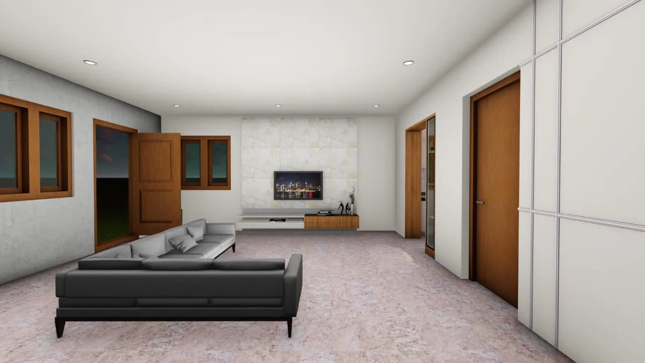 Living room with sofa and wall mounted TV unit