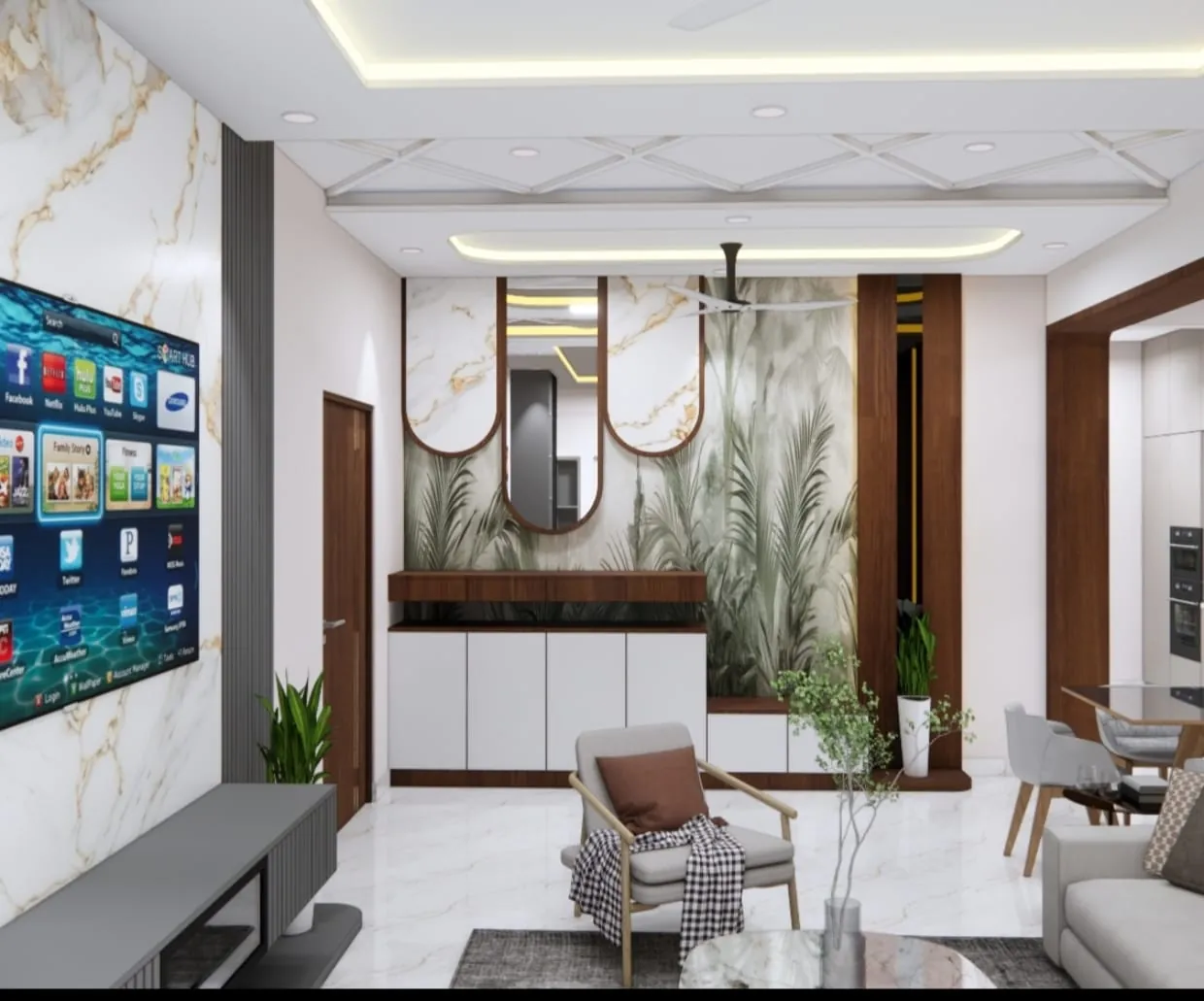 Complete living room interior with TV wall, marble panelling and false ceiling, Bangalore