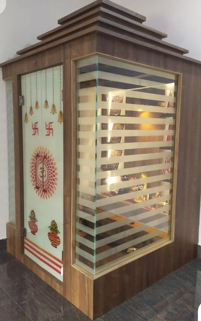 Pooja unit with printed glass doors and motifs