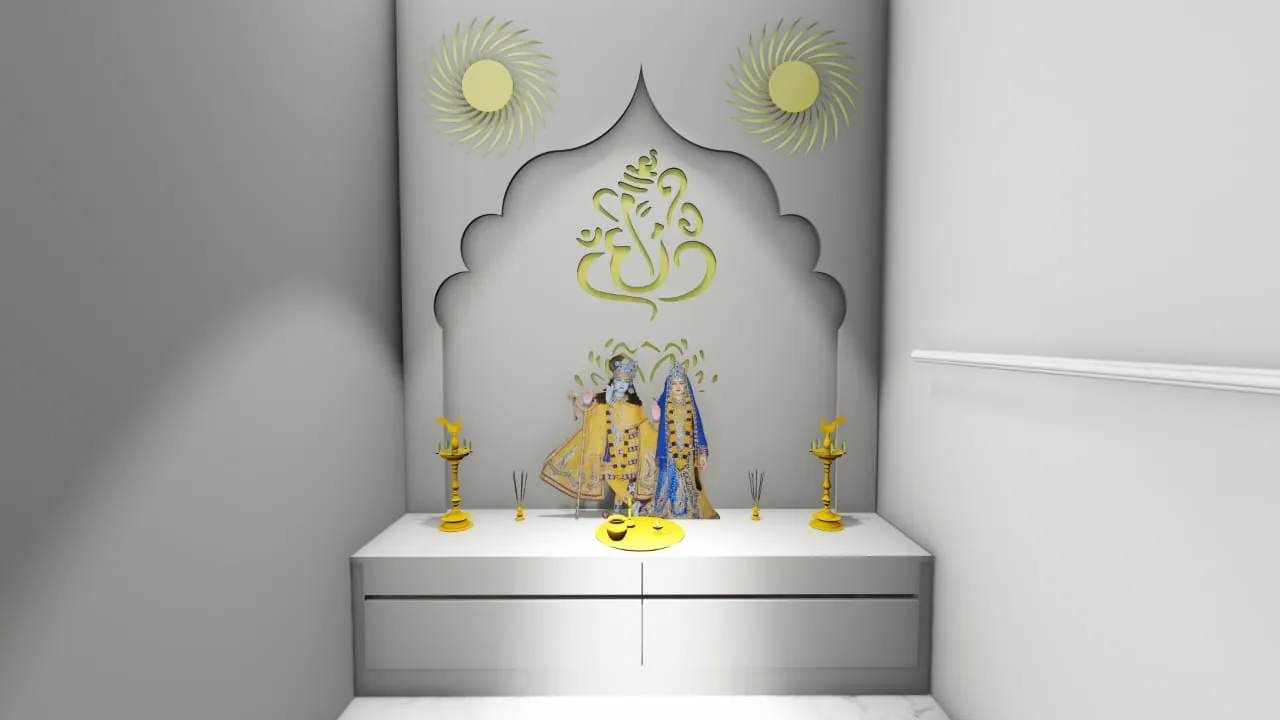 White pooja unit with carved arch and Ganesha