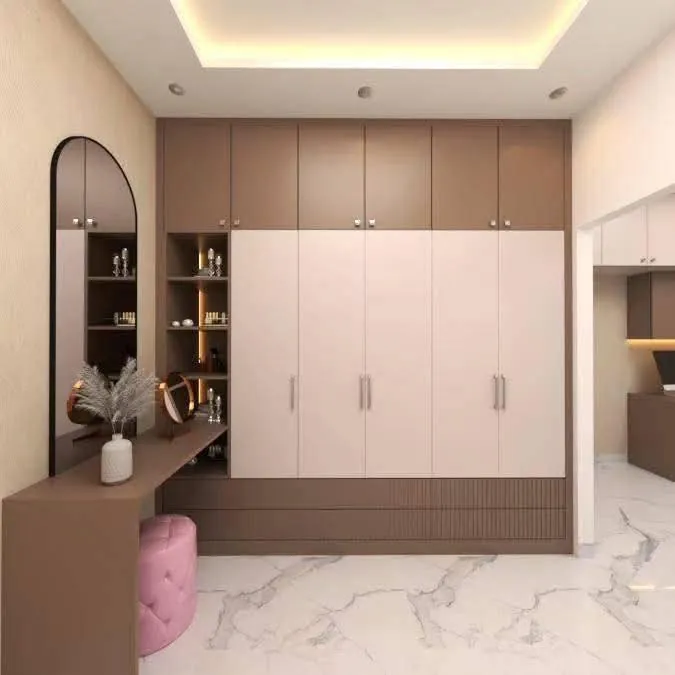 Cream wardrobe with arched display shelf and dresser